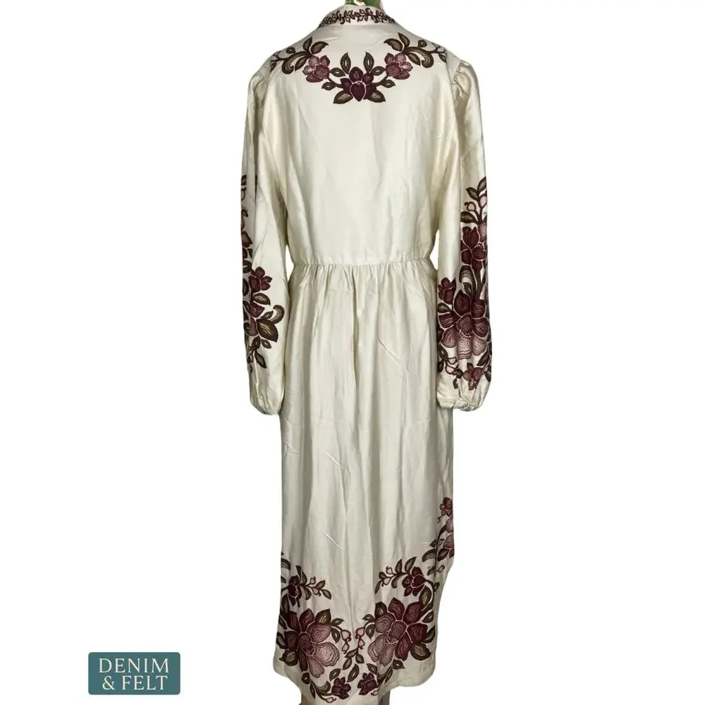 NEW Farm Rio Renata Floral Sand Midi Dress Lyocell Button Front Embroidered MED - Picture 10 of 16